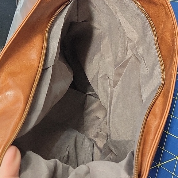 Brown Pleather Shoulder Bag Pattern 44" Adjustable Strap 13" x 9" x 3.5" - Picture 7 of 8